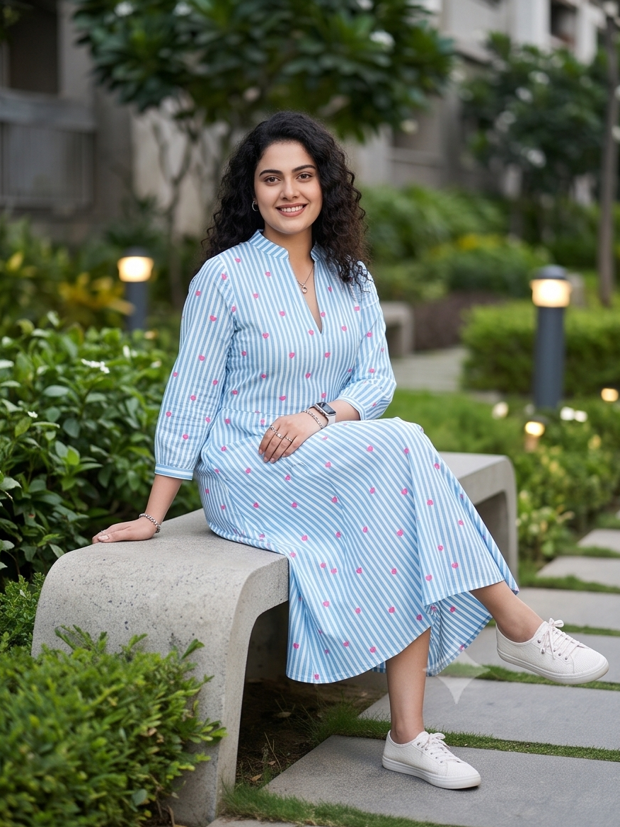Women's Sky Blue Striped Cotton A-Line Midi Dress with Heart Print | 3/4 Sleeve Casual Dress