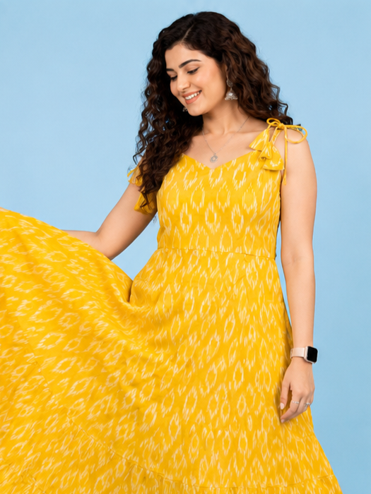 Women's Mustard Yellow Ikat Print Cotton Maxi Dress | Sleeveless Tiered Dress