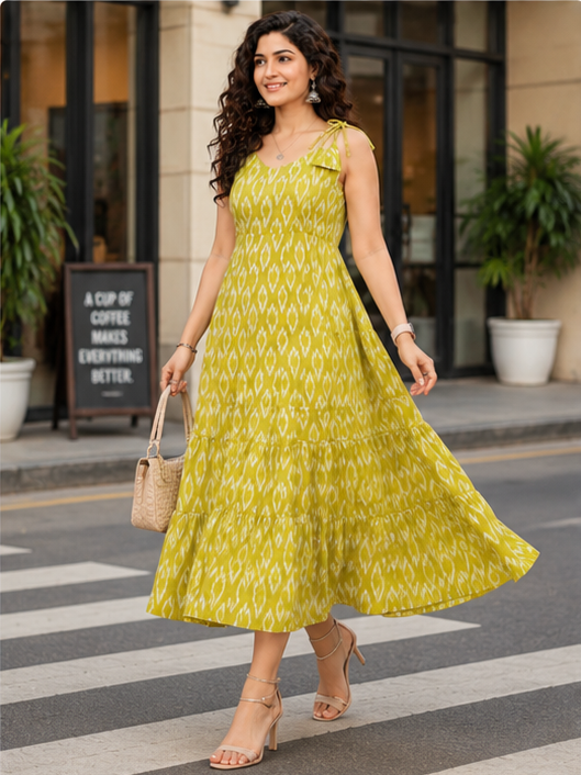 Women's Lime Green Ikat Print Cotton Maxi Dress | Sleeveless Tiered Dress