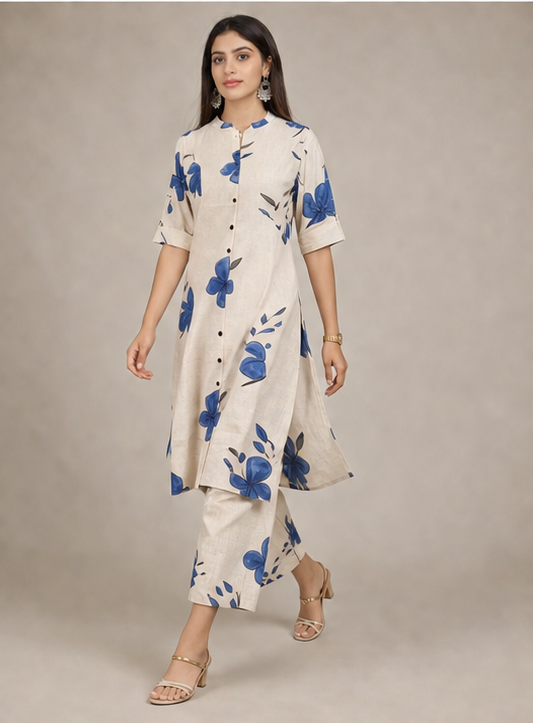 Women Floral Print Kurta with Pockets and Palazzo , 2 Piece Set (Beige and Blue)
