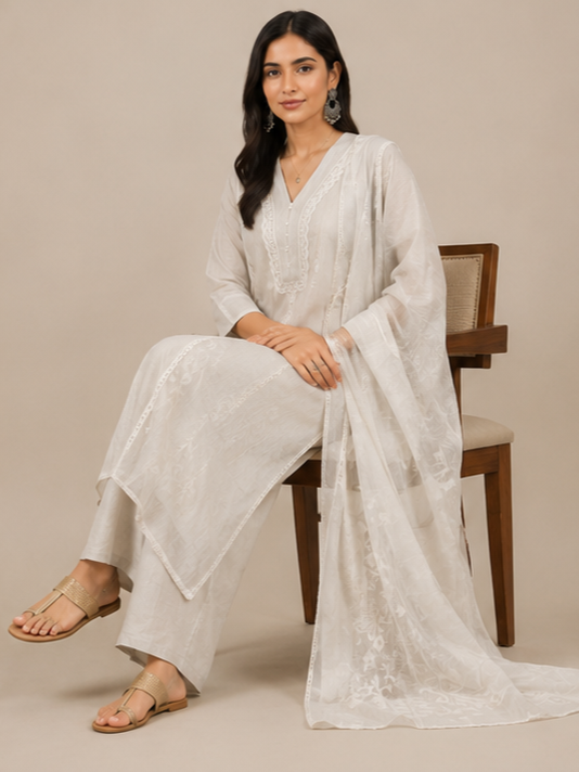 The Classic Ivory V-Neck Kurta and Palazzo Set