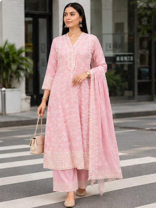 Blush Pink Threadwork Anarkali Suit Set with Dupatta | Embroidered Mul Cotton Ethnic Wear