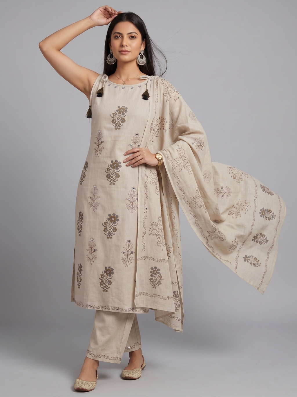 Strap Shoulder Kurta with Palazzo and Dupatta, 3-Piece Set (Beige)