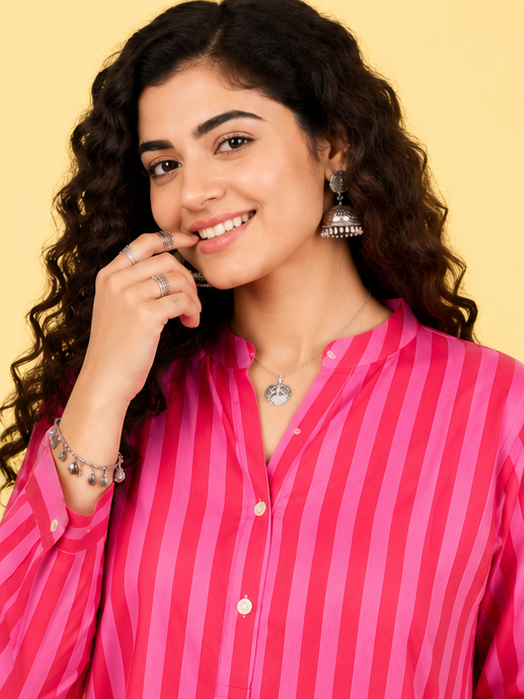Pink striped cotton A-line Midi Dress featuring front pockets, 3/4 sleeves, and a comfortable fit—perfect for office, travel, and everyday wear