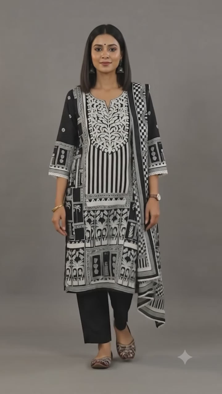 Women's Silk Blend Special Pearl-Work Kurta Pant Dupatta Set | 3-Piece Suit Set (Black & White) (Copy) (Copy)