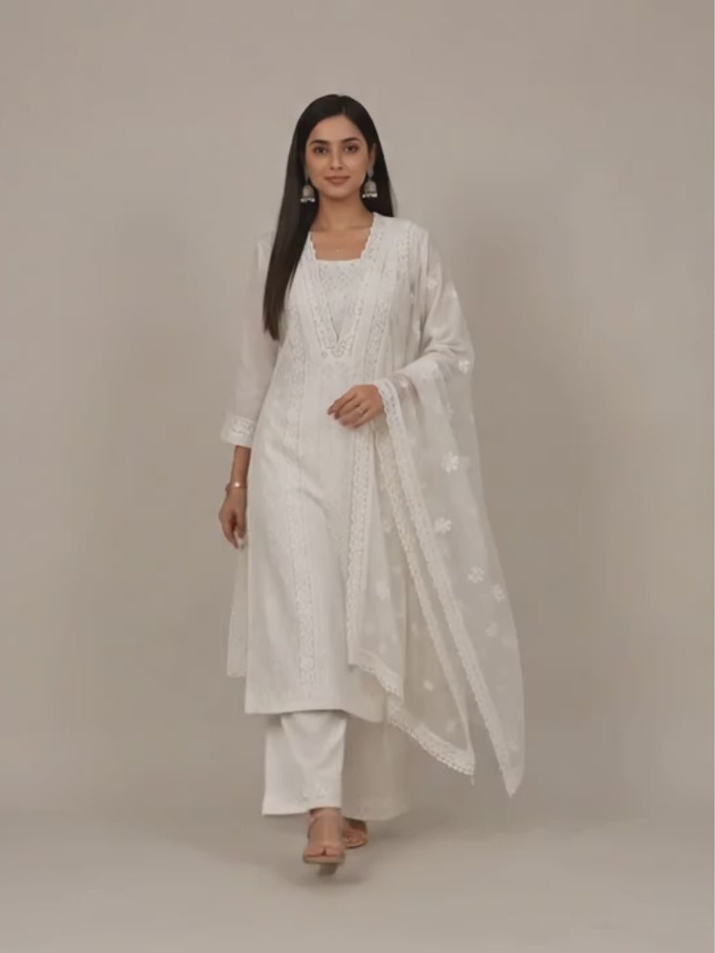 Ivory Floral Embroidered Cotton Kurta Set with Lace Dupatta & Palazzo