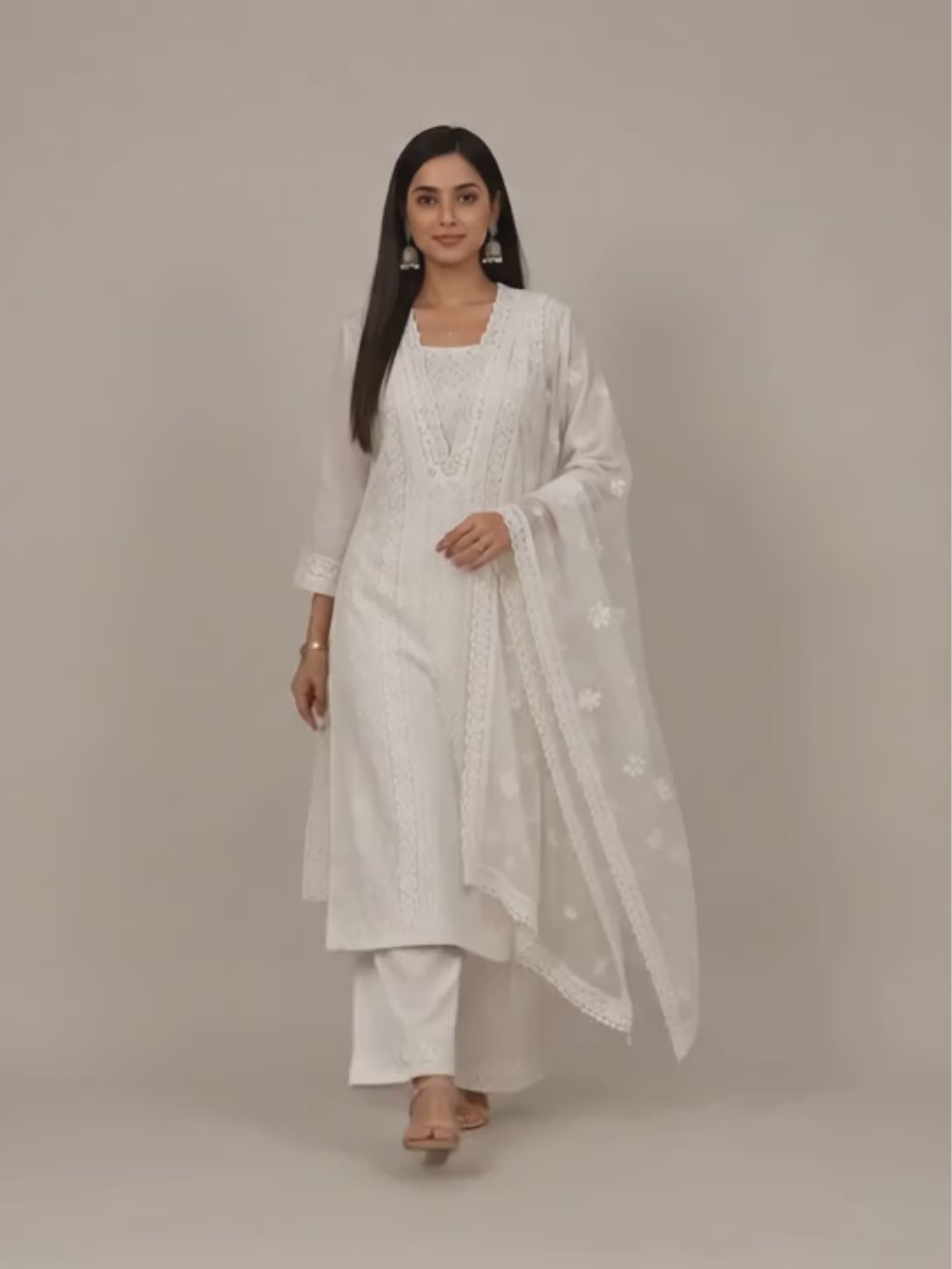 Ivory Floral Embroidered Cotton Kurta Set with Lace Dupatta & Palazzo
