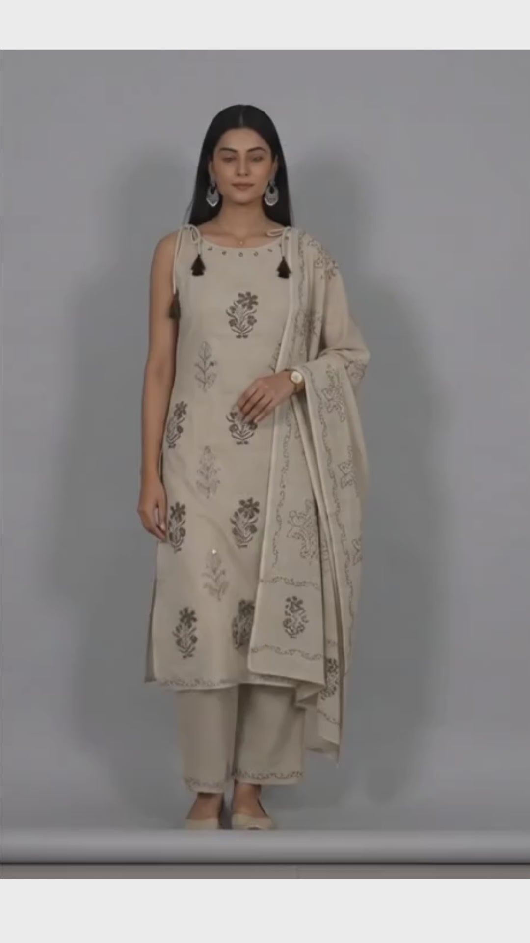 Strap Shoulder Kurta with Palazzo and Dupatta, 3-Piece Set (Beige)