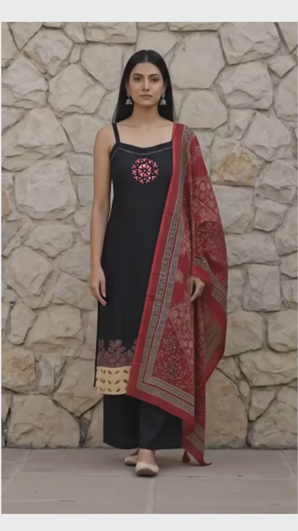 Women's Strap Shoulder Kurta with Palazzo and Dupatta, 3 Piece Set (Black)
