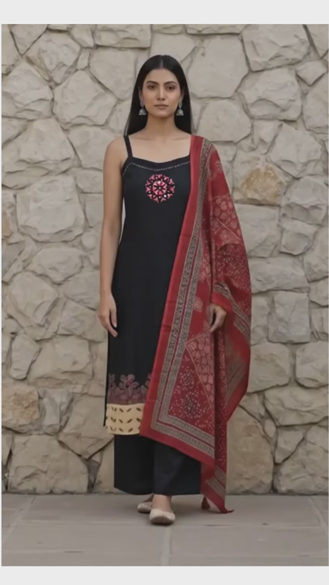 Women's Strap Shoulder Kurta with Palazzo and Dupatta, 3 Piece Set (Black)